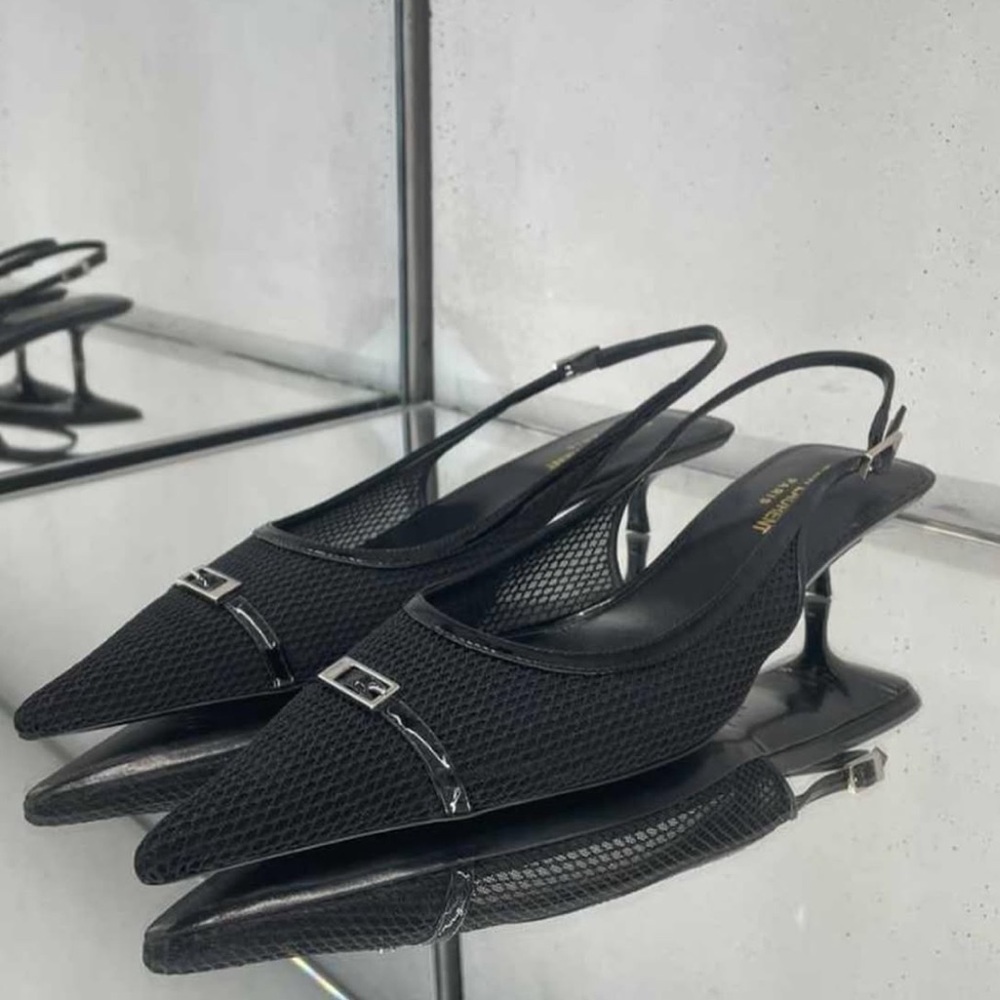 Saint Laurent Black Mesh Oxalis Buckle Slingback Kitten Heel Shoes Size 38 NIB